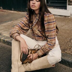 Sezane Plaid Button-Down Shirt in Beige, Blue & Rust
